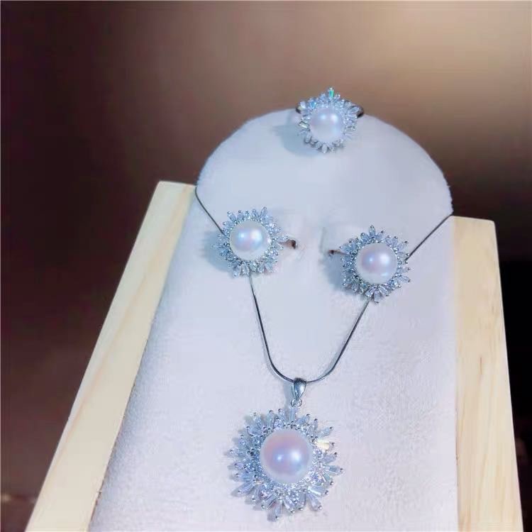 Natural Pearl 925 Silver Pendant Earrings and Ring Three-Piece Set (1 of 3)