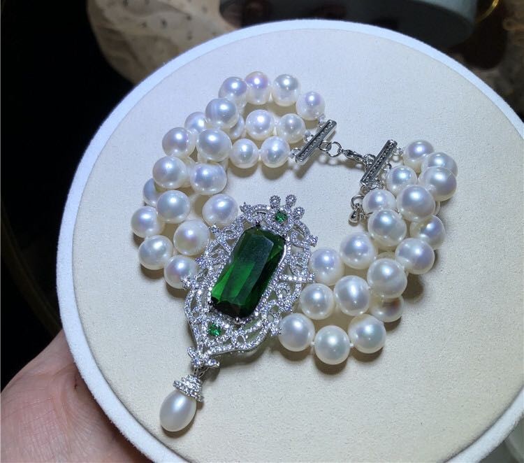 Natural Pearl Embeded Emerald 925 Silver Bracelet (1 of 5)