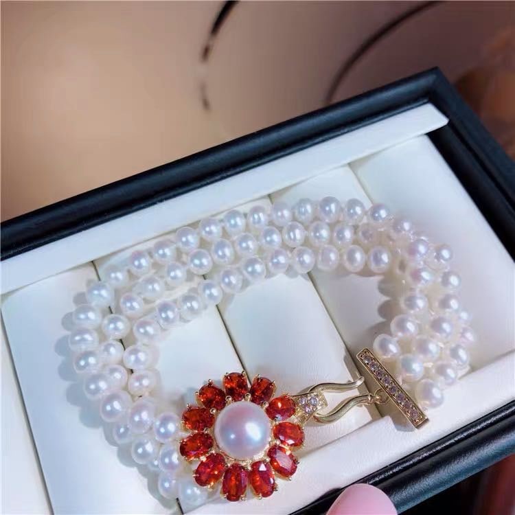 Natural Pearl Embeded Ruby 925 Silver Bracelet (1 of 5)