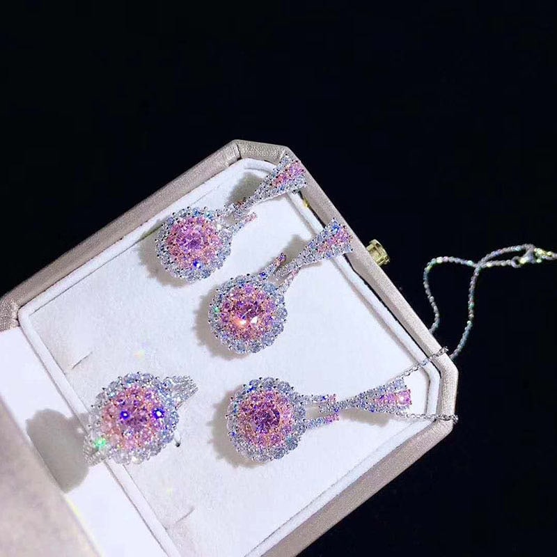 925 Silver Pink Gem Pendant Earrings and Ring Three-Piece Set (1 of 4)