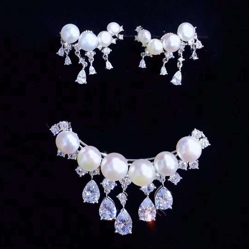 Natural Pearl 925 Silver Earrings and Brooch Two-Piece Set (1 of 4)