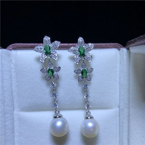 Natural Pearl Embeded Emerald 925 Silver Earrings (1 of 6)
