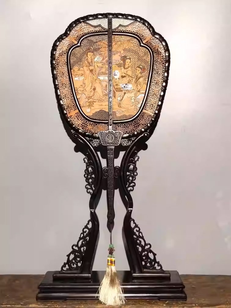 Sandalwood carved palace fan ornament depicting female attendant: Dimensions: Width 33cm, Height 64cm Weight: 1050g