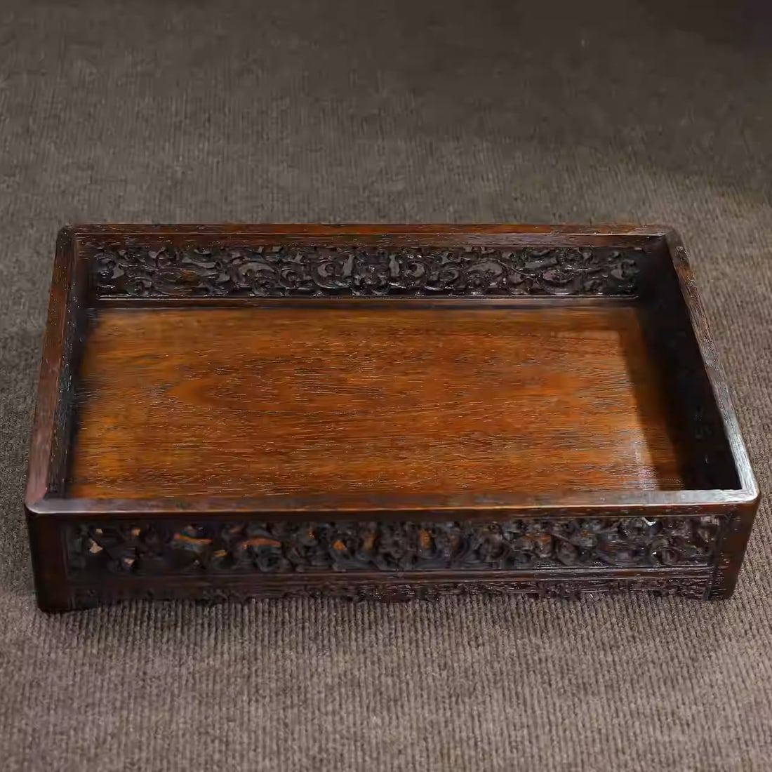 Rosewood openwork carved tea tray with longevity vine motif: Dimensions: Length 40cm, Width 25cm, Height 8.8cm