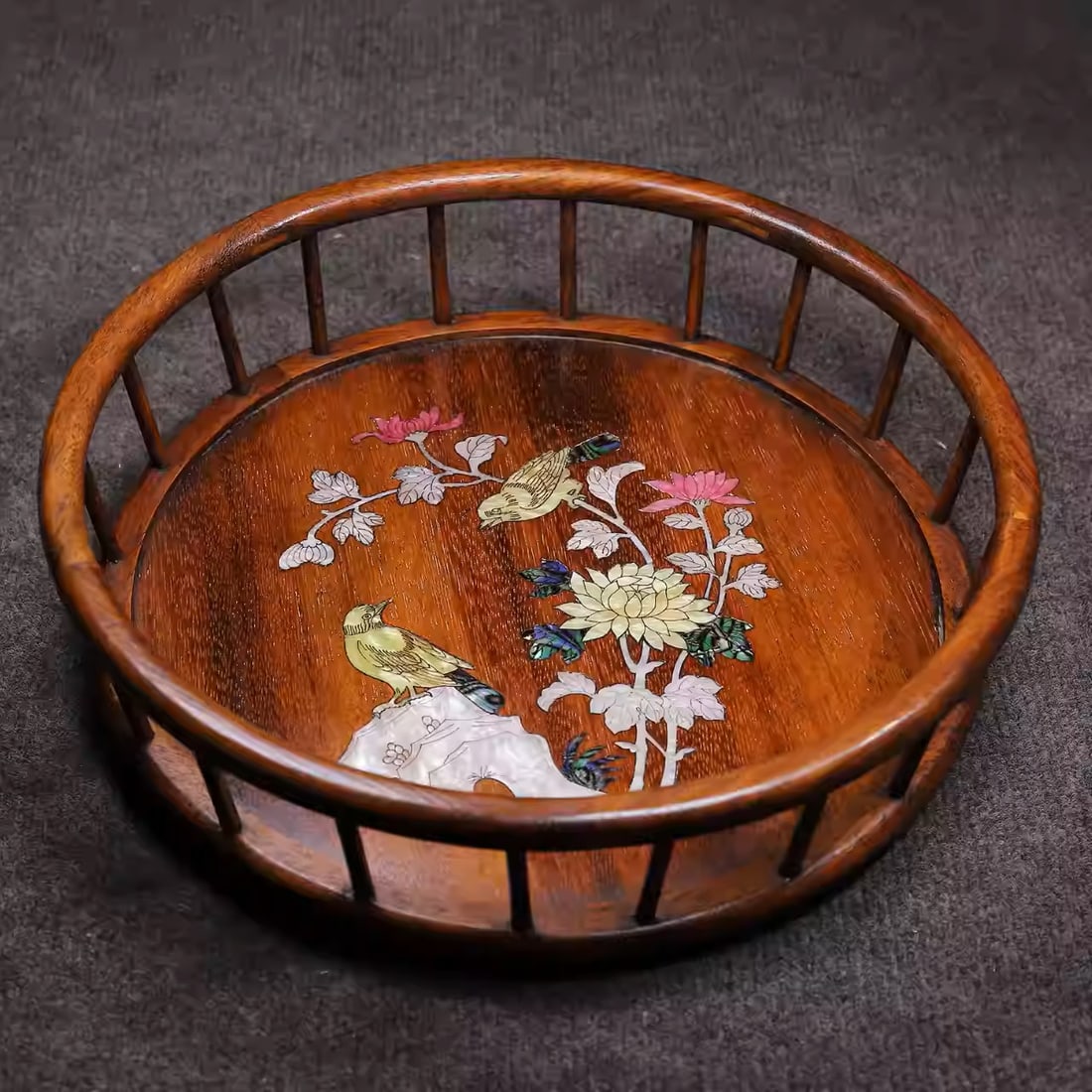 Rosewood round tea tray inlaid with mother-of-pearl floral and bird motifs (1 of 5)