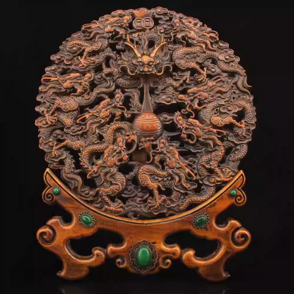 Boxwood intricately carved nine-dragon screen ornament inlaid with gemstones: Dimensions: Width 29cm, Height 37cm Weight: 702g