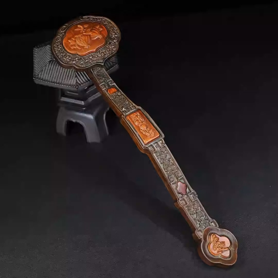 Rosewood intricately carved auspicious cloud and fruit ruyi ornament: Dimensions: Length 43cm, Width 11cm