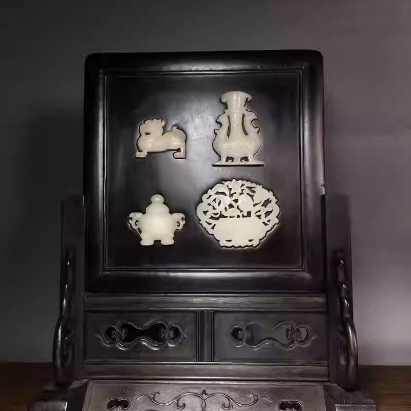 Sandalwood screen ornament inlaid with white jade: Dimensions: Length 28cm, Width 13.5cm, Height 38cm Weight: 1890g