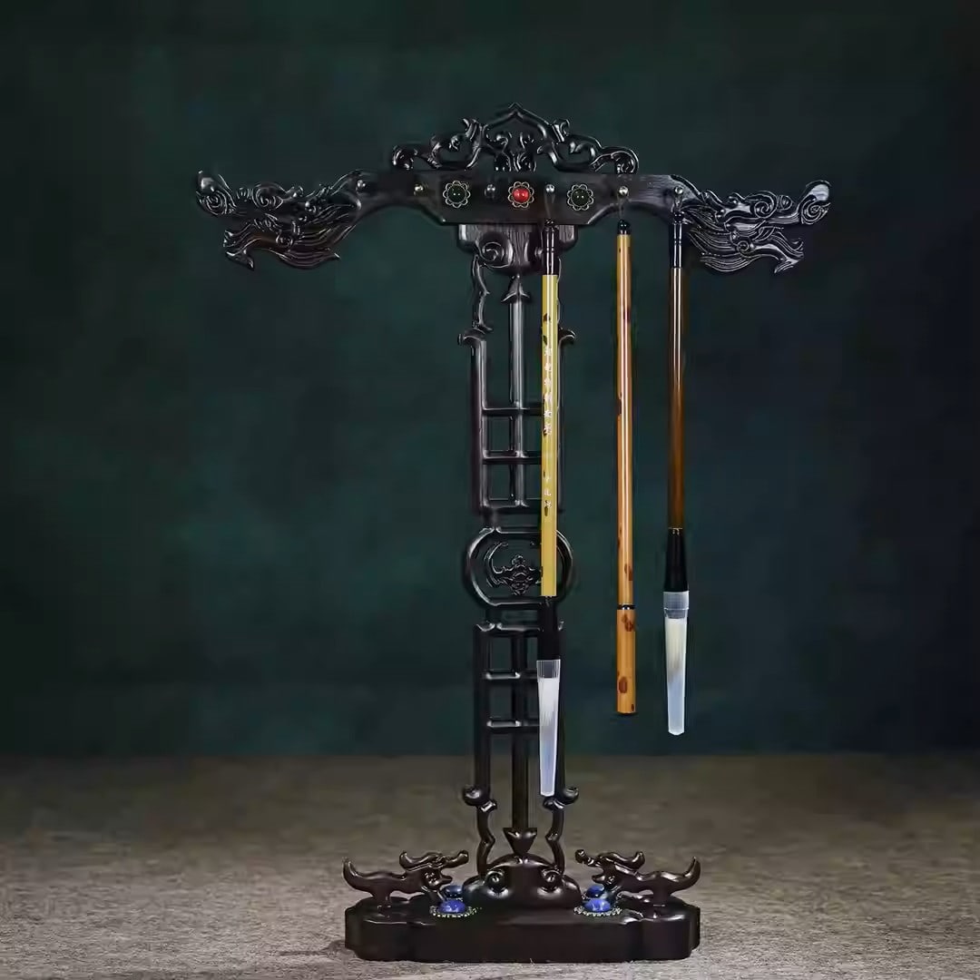 Ebony pen holder inlaid with gemstones and featuring four dragons: Dimensions: Length 32cm, Width 6.2cm, Height 42.6cm Weight: 680g