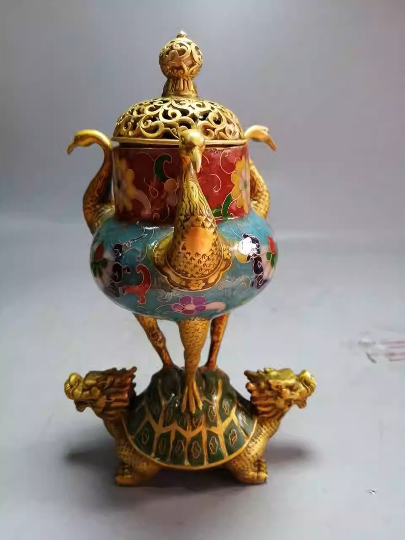 A cloisonné incense burner depicting a dragon, turtle, and three cranes, made during the Xuande: Dimensions: Width 14.5cm, Height 23.5cm Weight: 1308g