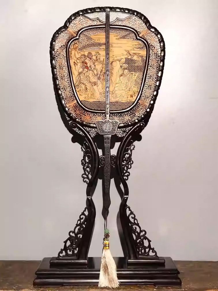 Ebony wood intricately carved folding screen depicting the Eight Immortals: Height: 64 cm, Width: 33 cm, Weight: 1070 grams