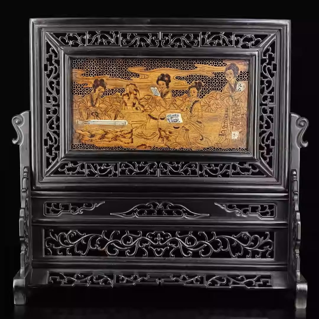 Ebony openwork carved screen ornament inlaid with agarwood depicting female figures: Dimensions: Length 34.5cm, Width 12cm, Height 32cm Weight: 950g