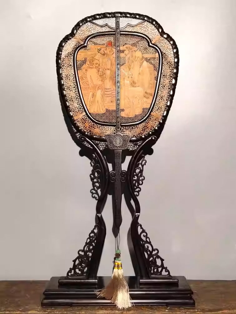 Ebony wood and agarwood inlaid, intricately carved screen ornament depicting the deities of Fortune,: Dimensions: Width 33cm, Height 64cm Weight: 1010g