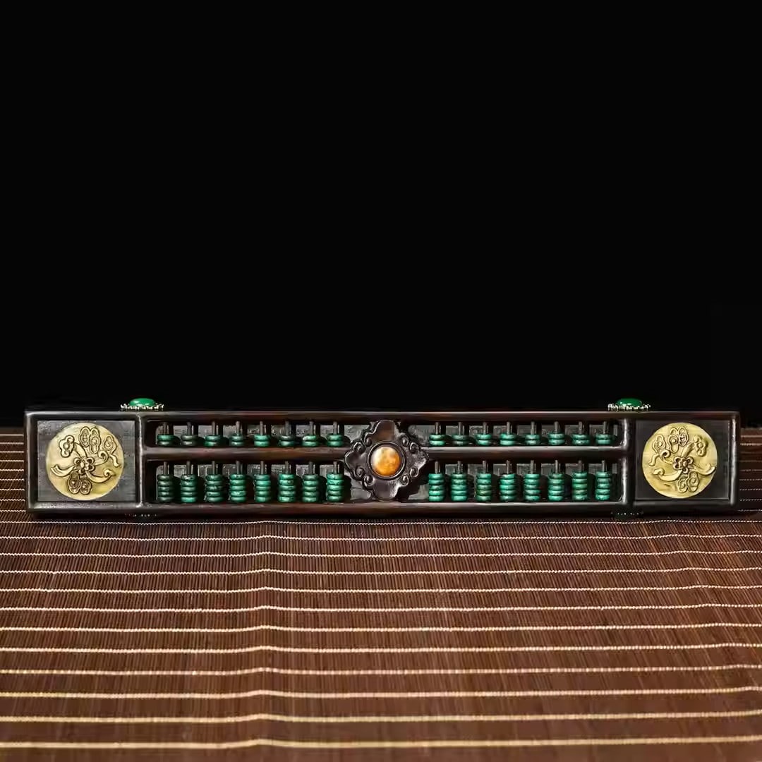 Rosewood abacus paperweight inlaid with gemstones: Dimensions: Length 38cm, Width 5.5cm, Thickness 2.7cm, Weight: 588 grams