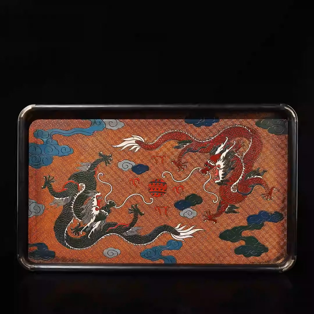 Sandalwood tea tray carved with two dragons playing with a pearl: Length 35 cm, width 21 cm, height 2.8 cm, weight 883 grams.