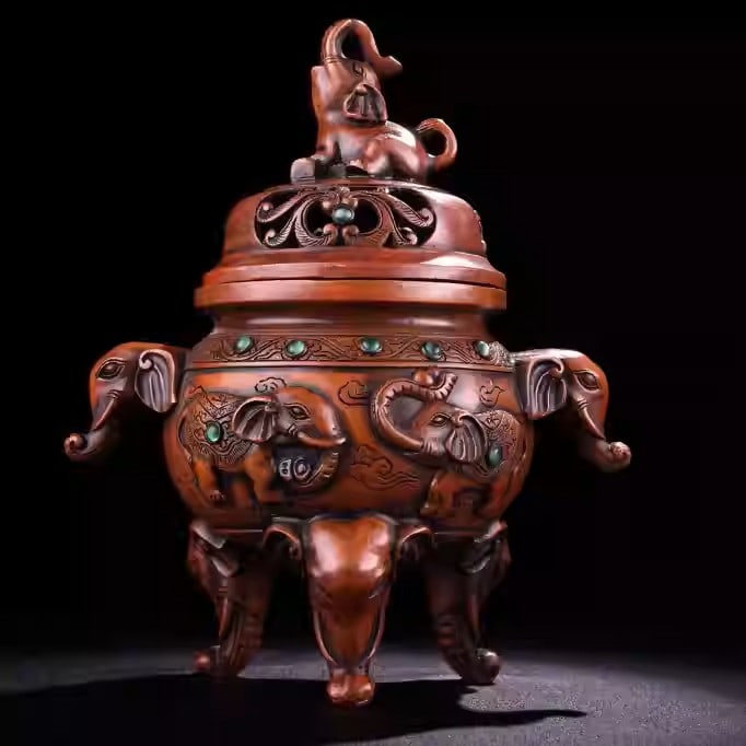 Pure copper elephant-shaped incense burner inlaid with gemstones (1 of 5)