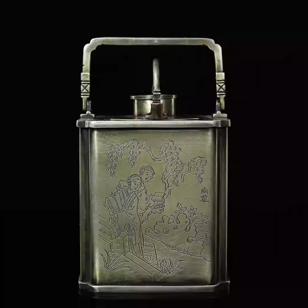 White copper engraved wine pot with handle depicting figures and stories: Length 9 cm, width 9 cm, height 12 cm, weight 745 grams.