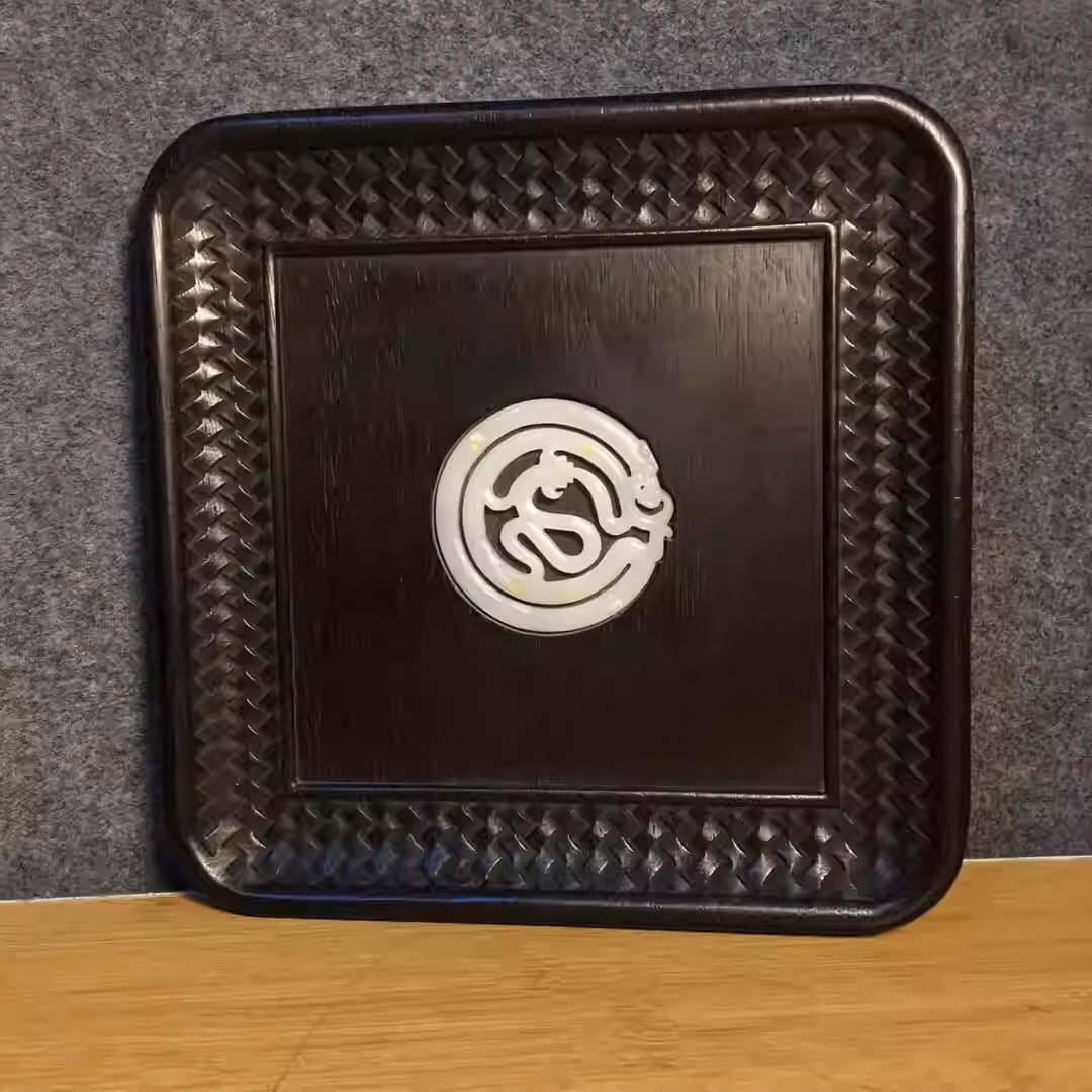 Sandalwood tea tray inlaid with jade: Length 25 cm, width 25 cm, thickness 3 cm, weight 800 grams.