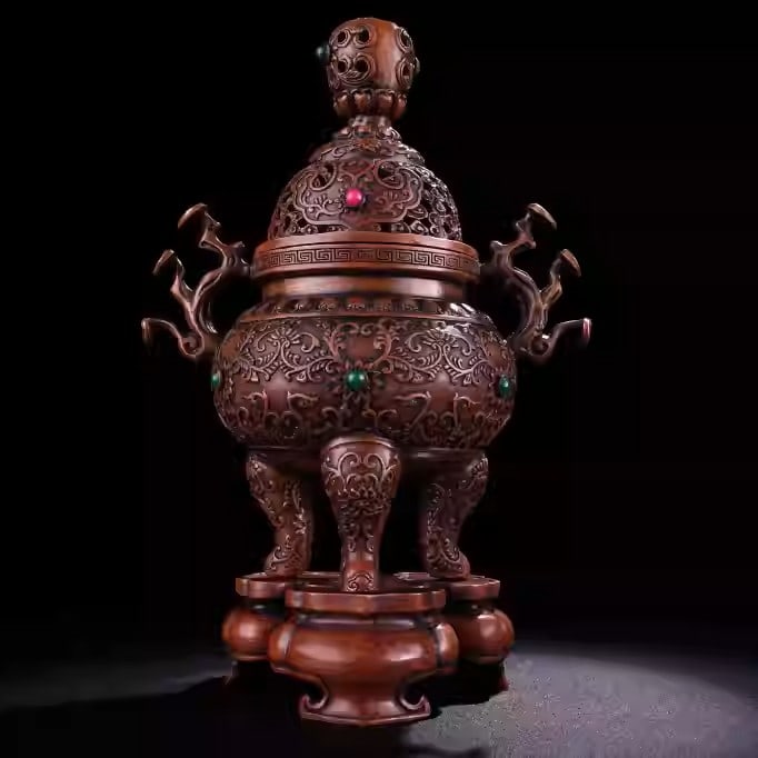 Pure copper incense burner inlaid with gemstones: Height: 30 cm, Width: 18 cm, weight 2345 grams.