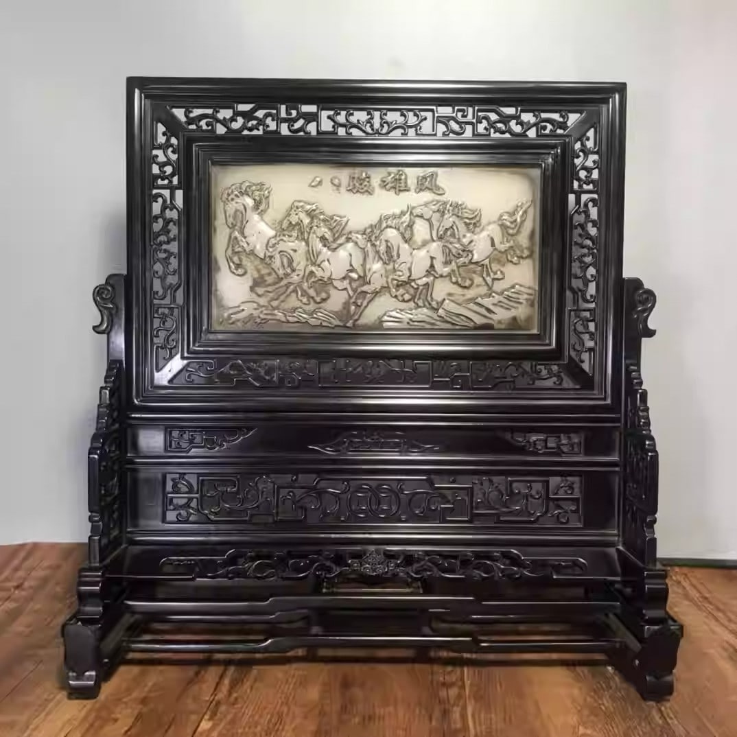 Sandalwood screen ornament inlaid with jade depicting eight galloping horses: Length 35 cm, width 14 cm, height 36 cm.