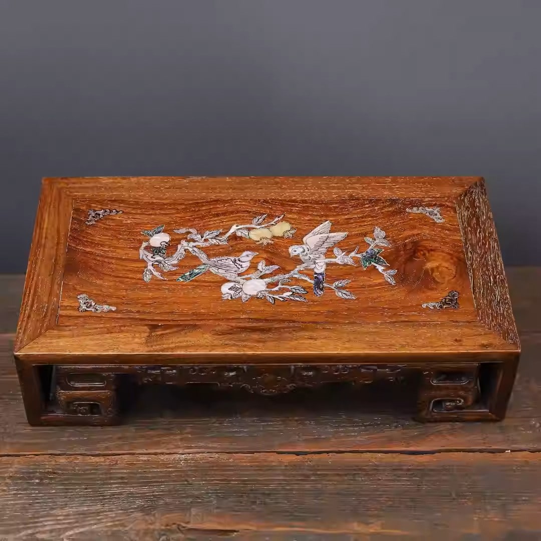 Rosewood tea table inlaid with colorful seashell motifs of flowers and birds: Dimensions: Length 38cm, Width 20cm, Height 10cm Weight: 1080g