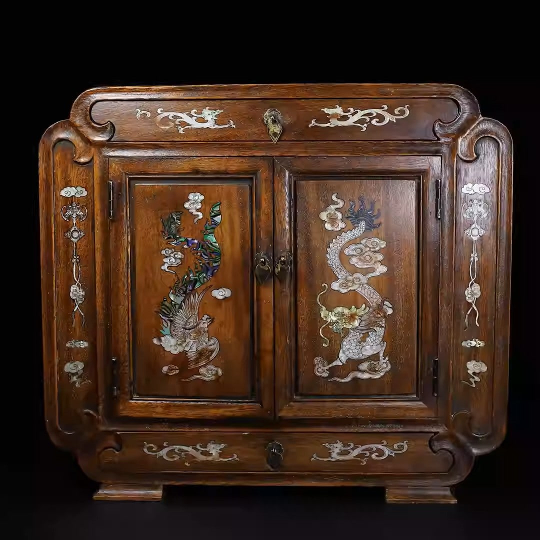 Rosewood cabinet inlaid with mother-of-pearl depicting dragons and phoenixes symbolizing: Dimensions: Length 46.5cm, Width 20.5cm, Height 41.8cm
