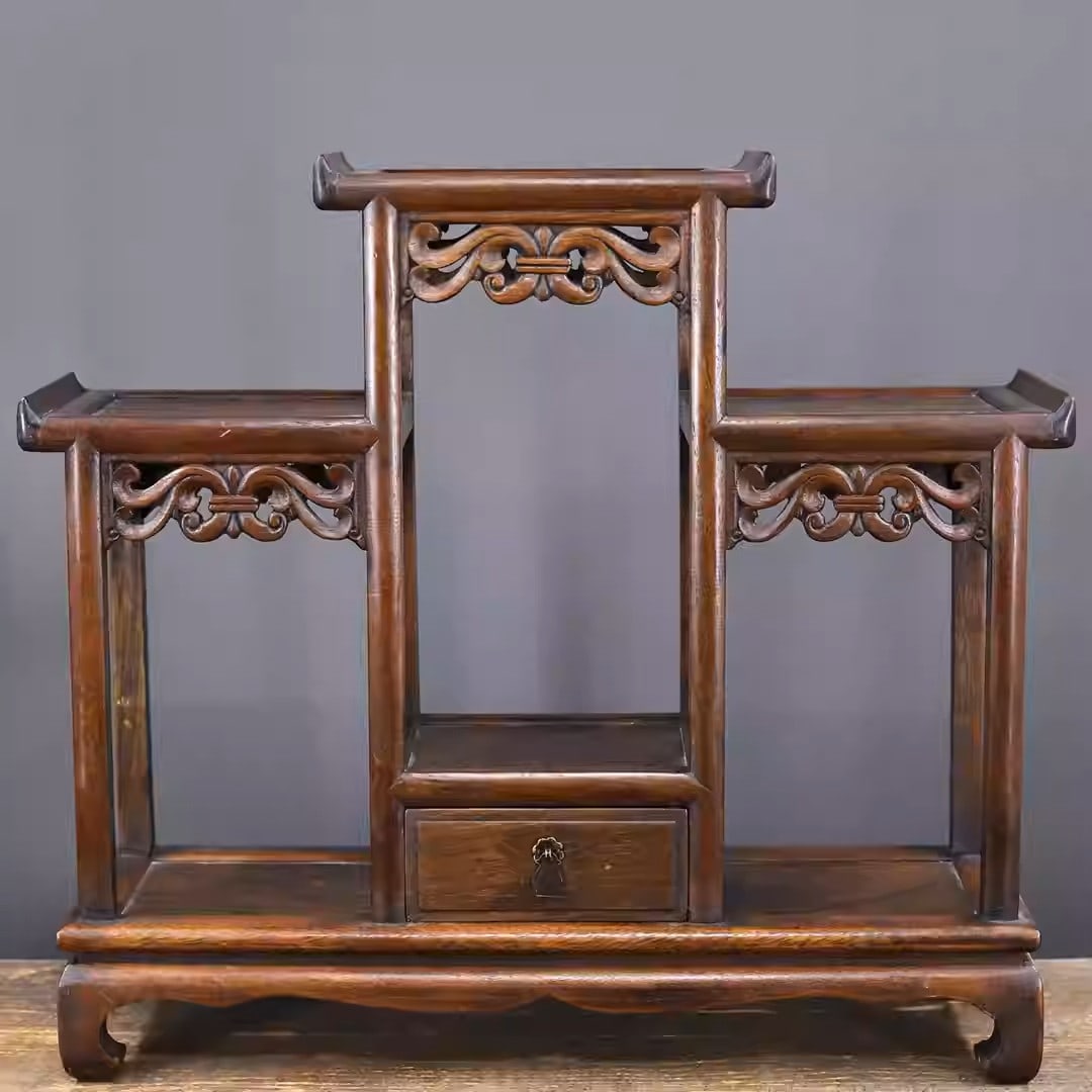 Rosewood openwork carved display shelf with drawers (1 of 5)