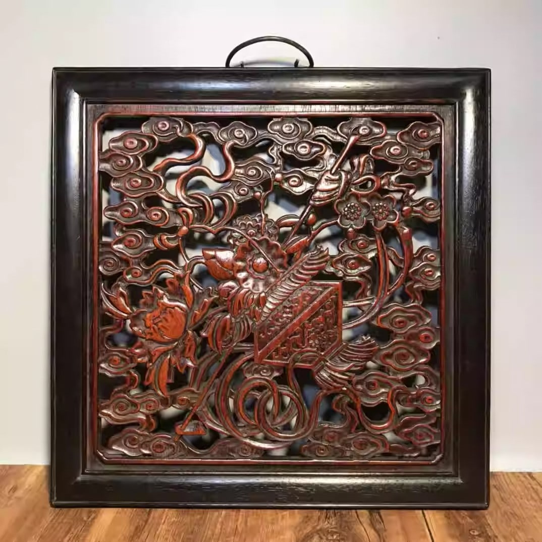 Sandalwood openwork carved wall panel depicting blooming flowers and symbols of prosperity: Dimensions: Length 40cm, Width 40cm, Thickness 2.5cm
