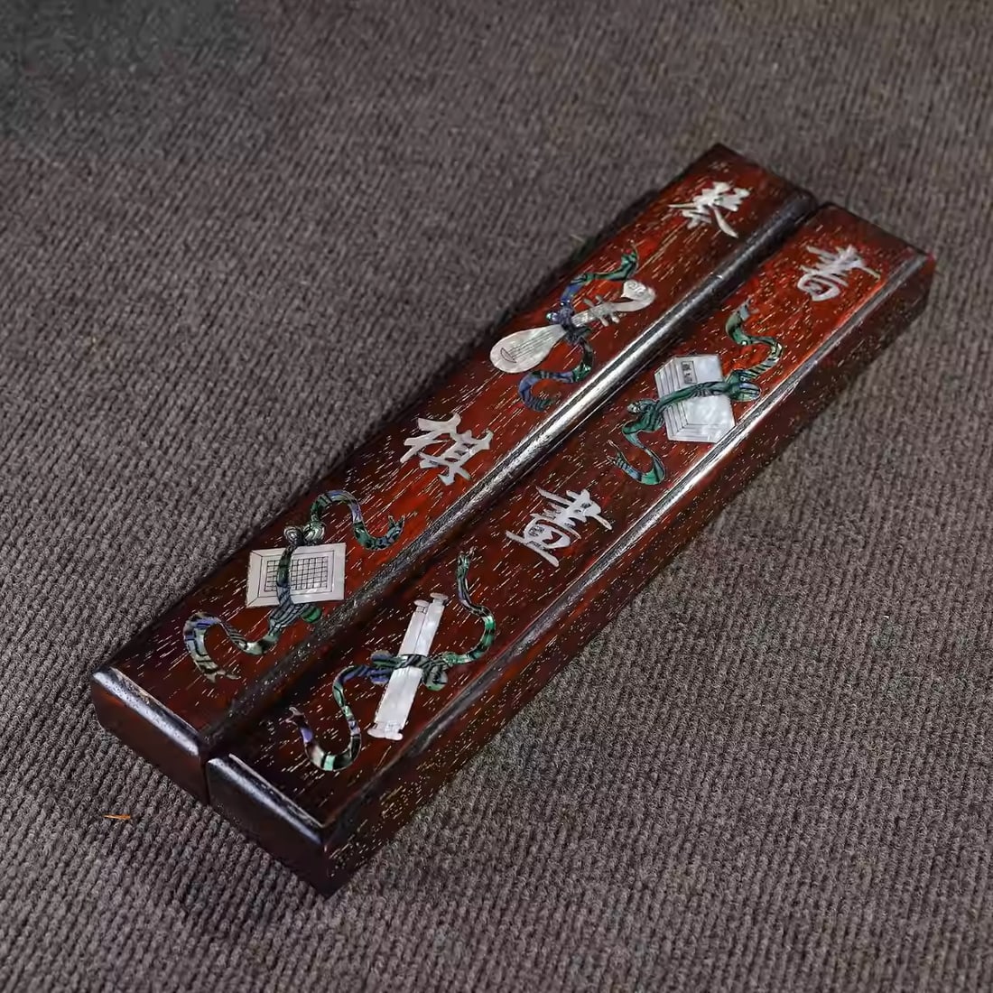 Sandalwood paperweight inlaid with mother-of-pearl, depicting musical instruments, chess, (1 of 5)