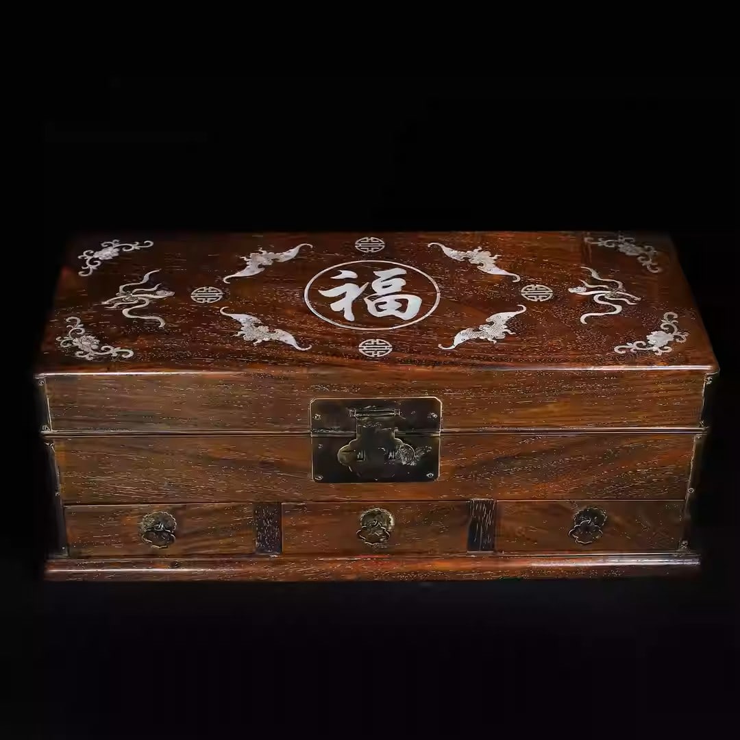 Rosewood multi-compartment box inlaid with mother-of-pearl depicting symbols of good fortune and: Dimensions: Length 52cm, Width 23cm, Height 19.5cm