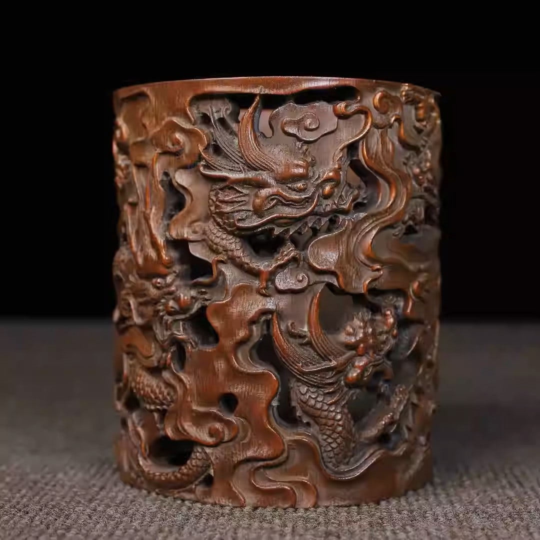 Bamboo carved pen holder with cloud and dragon design: Dimensions: Length 13.5cm, Width 13.5cm, Height 15.5cm