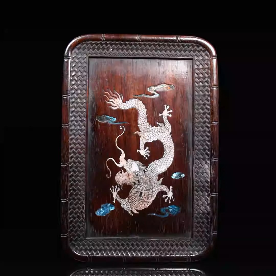 Rosewood tea tray inlaid with mother-of-pearl depicting auspicious clouds and dragons: Dimensions: Length 35cm, Width 24cm, Thickness 2.5cm Weight: 1300g