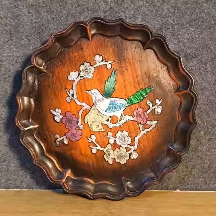 Sandalwood tea tray inlaid with colorful seashells depicting magpies perching on plum blossoms (1 of 5)