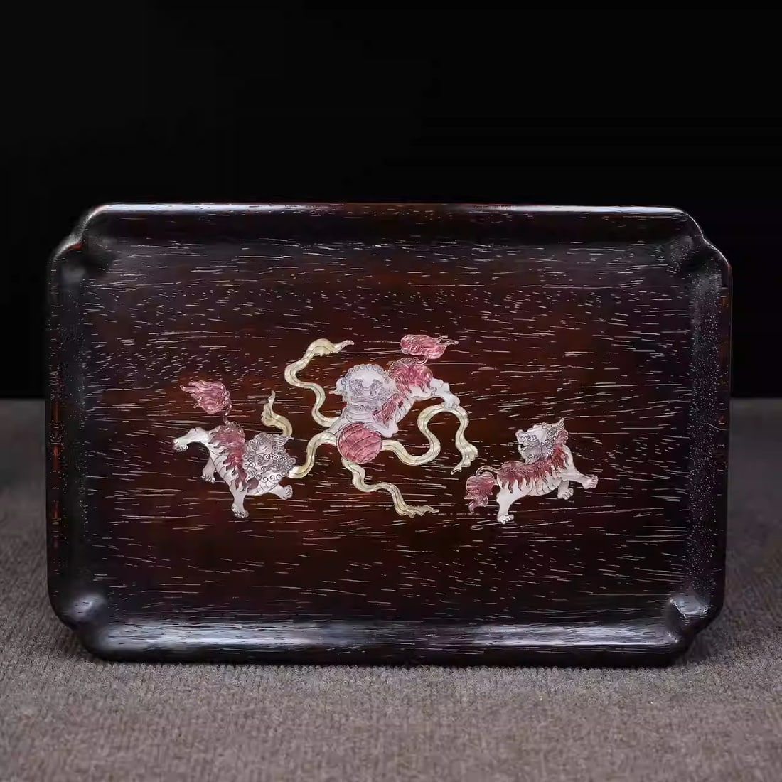 Sandalwood tea tray inlaid with mother-of-pearl lion pattern (1 of 5)