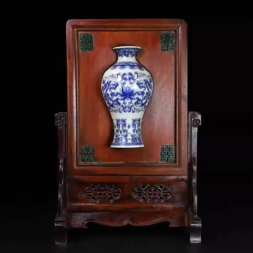 Rosewood carved and inlaid porcelain wall vase ornament: Dimensions: Length 21cm, Width 11cm, Height 31.2cm