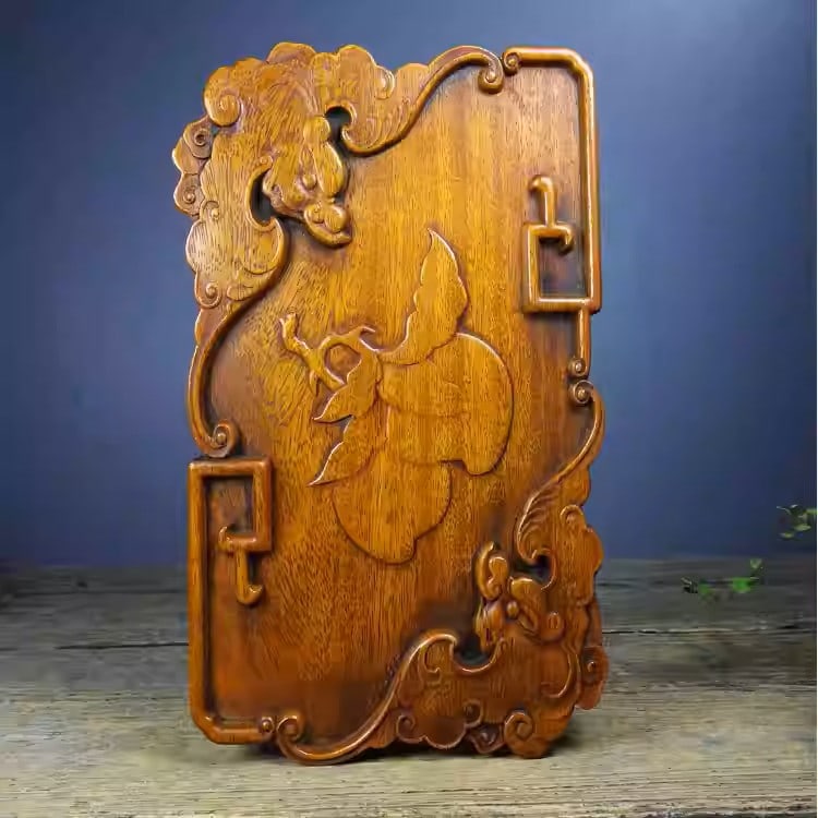 Rosewood tea tray intricately carved with motifs symbolizing good fortune and longevity: Dimensions: Length 30cm, Width 18cm, Height 3cm Weight: 1470g