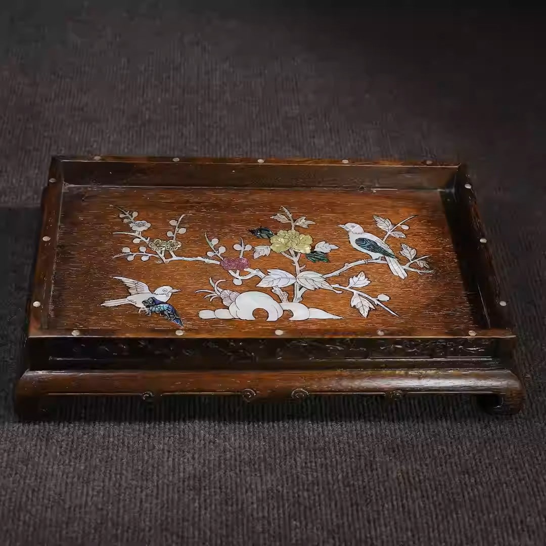 Rosewood tea tray inlaid with mother-of-pearl floral and bird motifs (1 of 5)