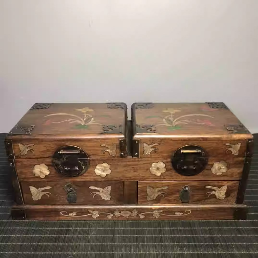 Rosewood inlaid with mother-of-pearl butterfly and flower motif multi-layered jewelry box (1 of 5)