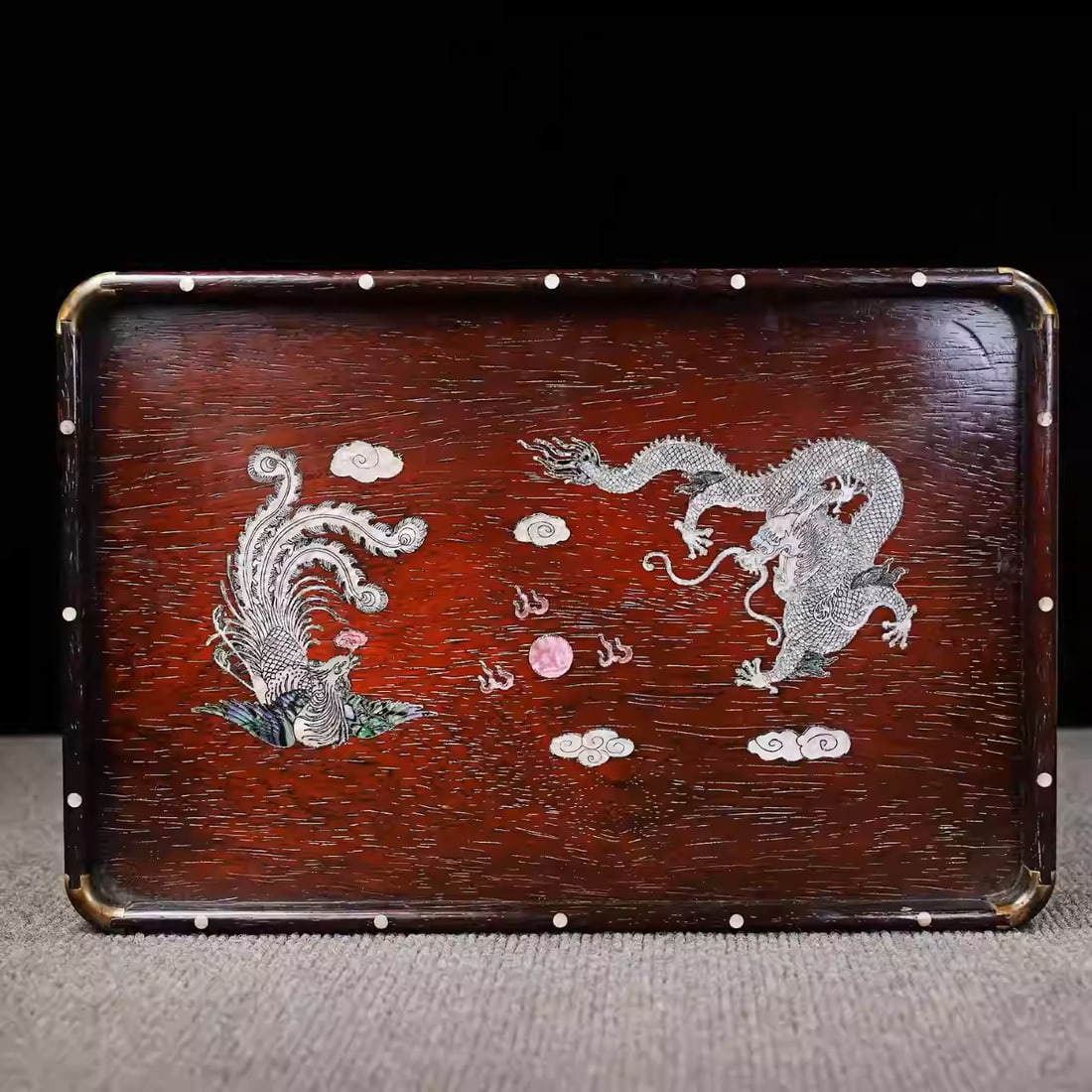 Sandalwood tea tray inlaid with mother-of-pearl dragon and phoenix motifs (1 of 5)