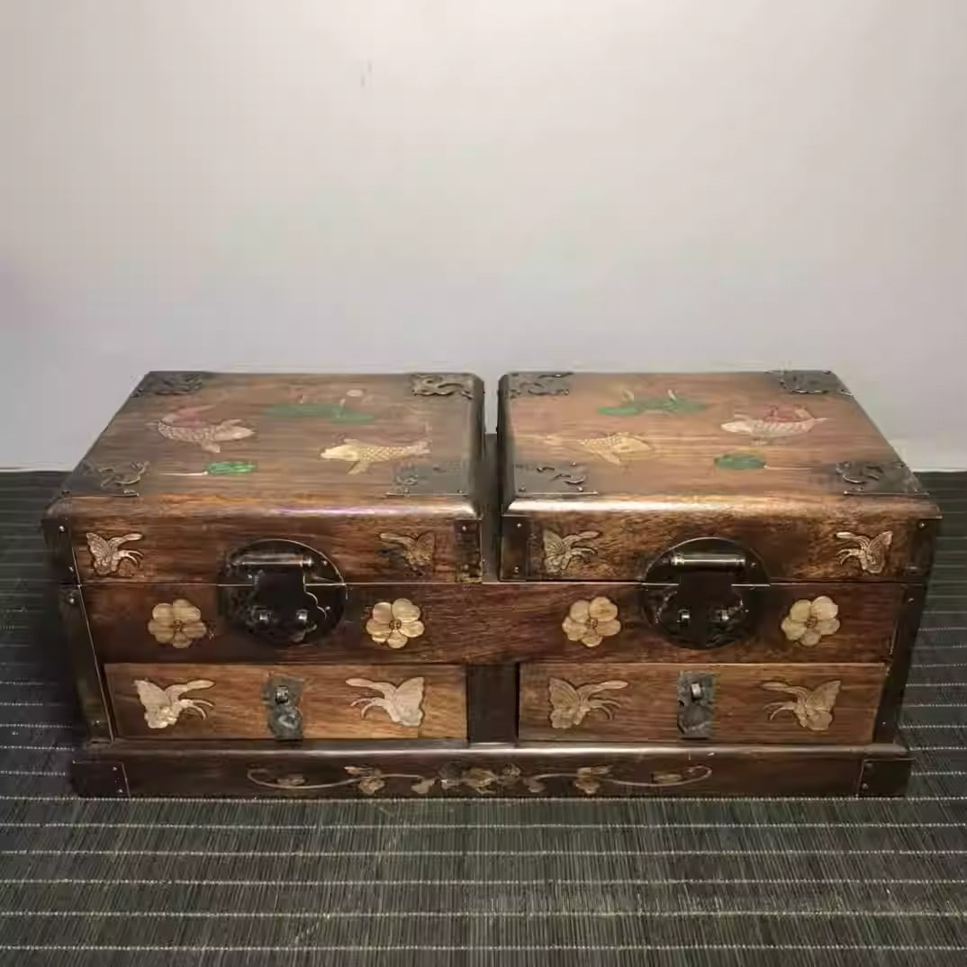 Rosewood jewelry box inlaid with colorful seashells depicting a motif of abundance year after year (1 of 5)