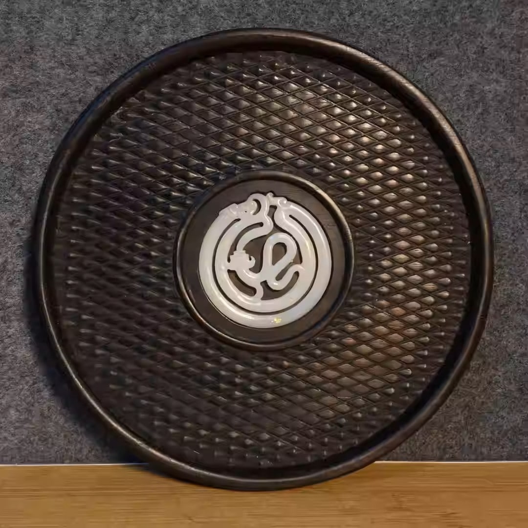 Sandalwood tea tray inlaid with jade: Diameter 25 cm, thickness 3 cm, weight 680 grams