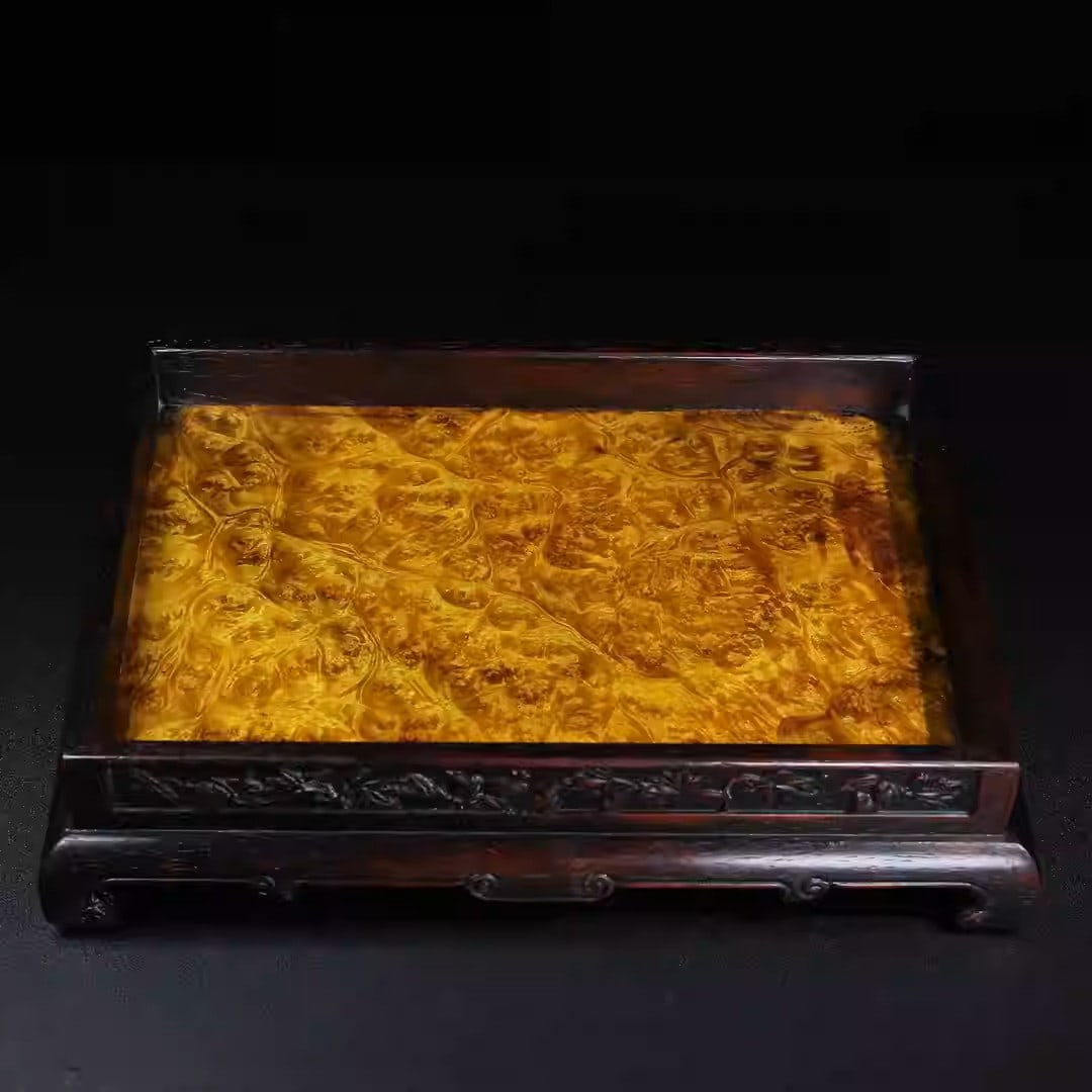 Rosewood carved tea tray with auspicious motifs and inlaid with gold and camphor wood: Dimensions: Length 34.5cm, Width 24.5cm, Height 8.5cm