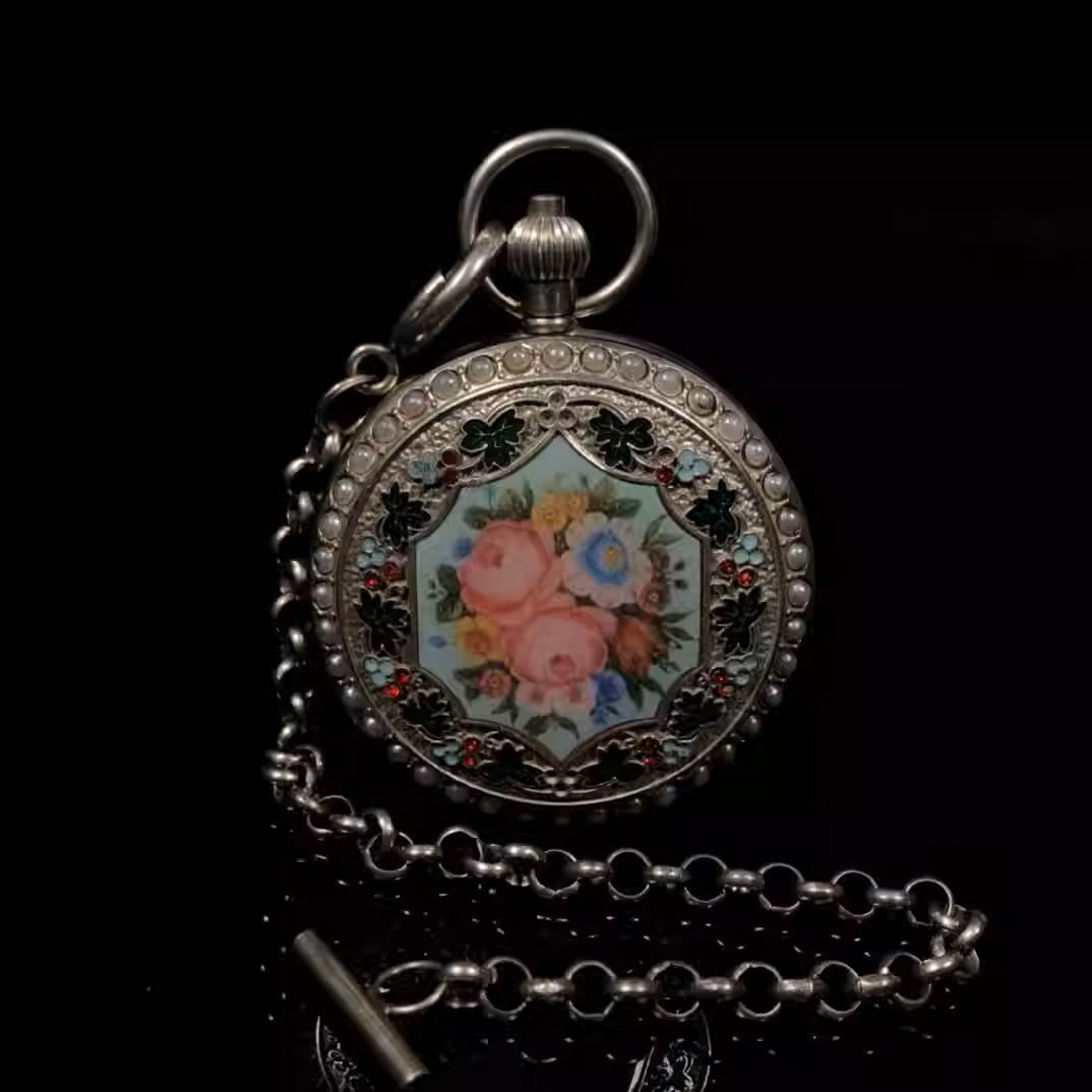 Enamel-decorated pure copper double-case gilded silver mechanical pocket watch (1 of 5)