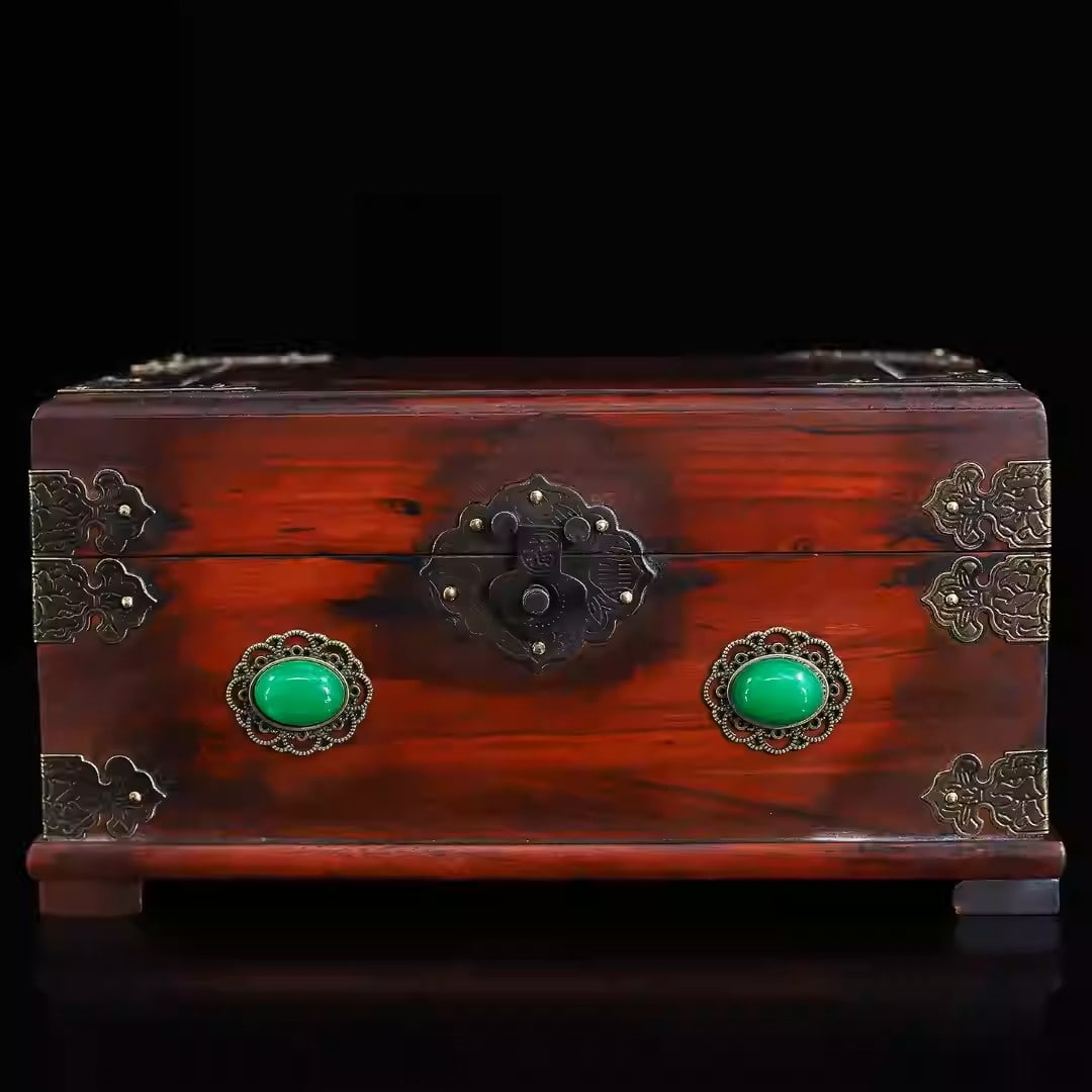 Rosewood jewelry box inlaid with gemstones and copper accents (1 of 5)