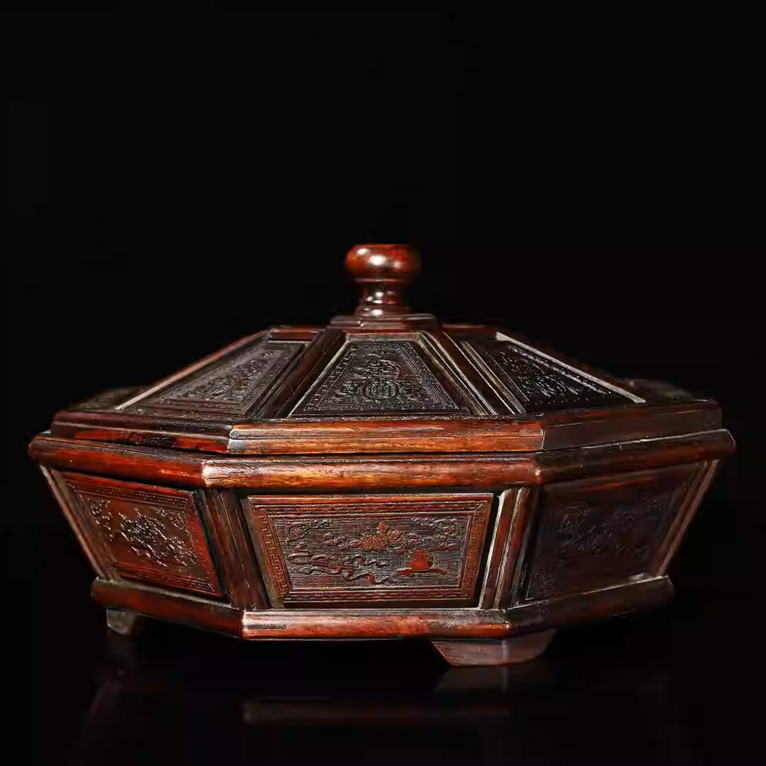 Rosewood carved octagonal fruit box with auspicious motifs of blooming flowers and prosperity (1 of 5)