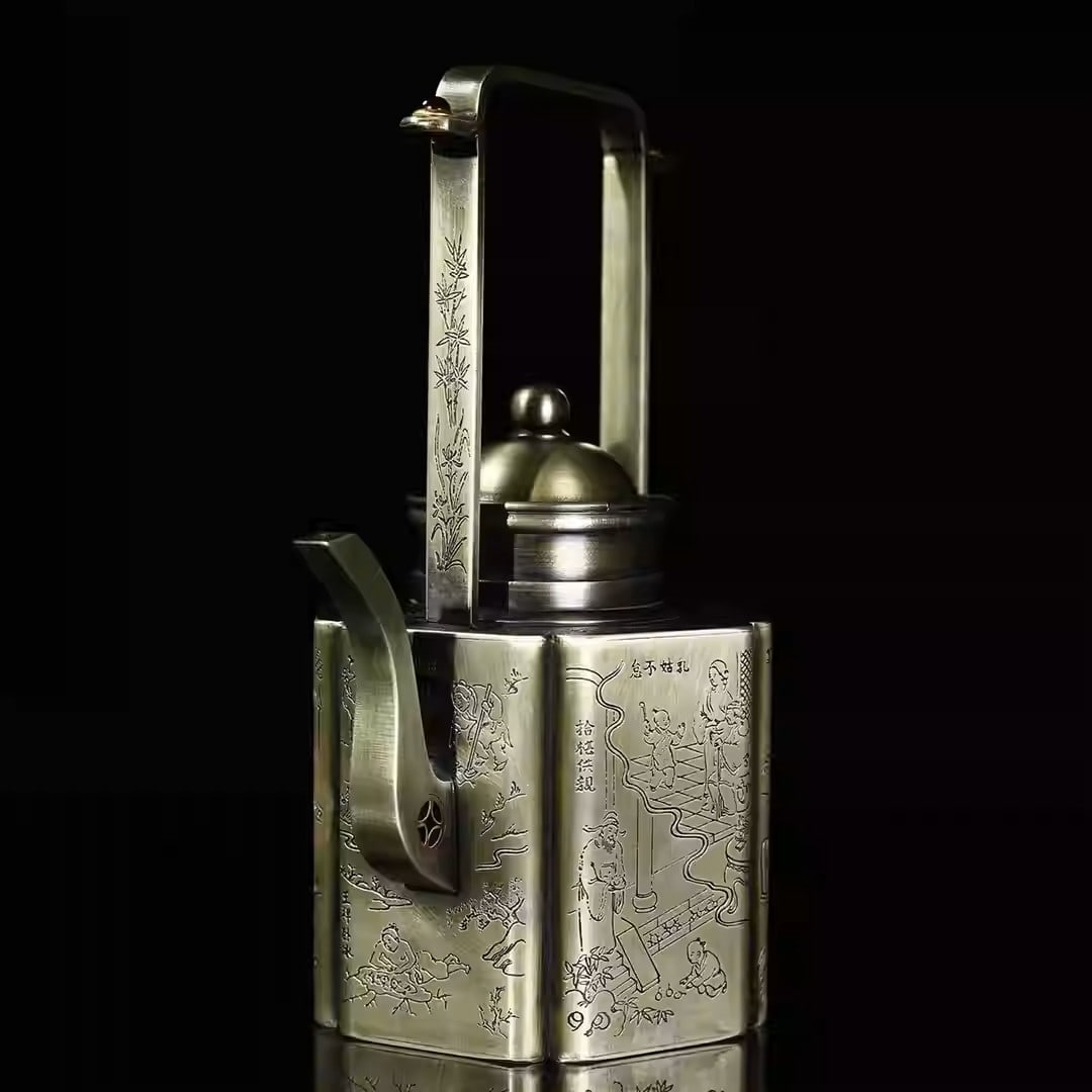 A white copper wine pot with a handle, engraved with illustrations of the twenty-four filial piety (1 of 5)