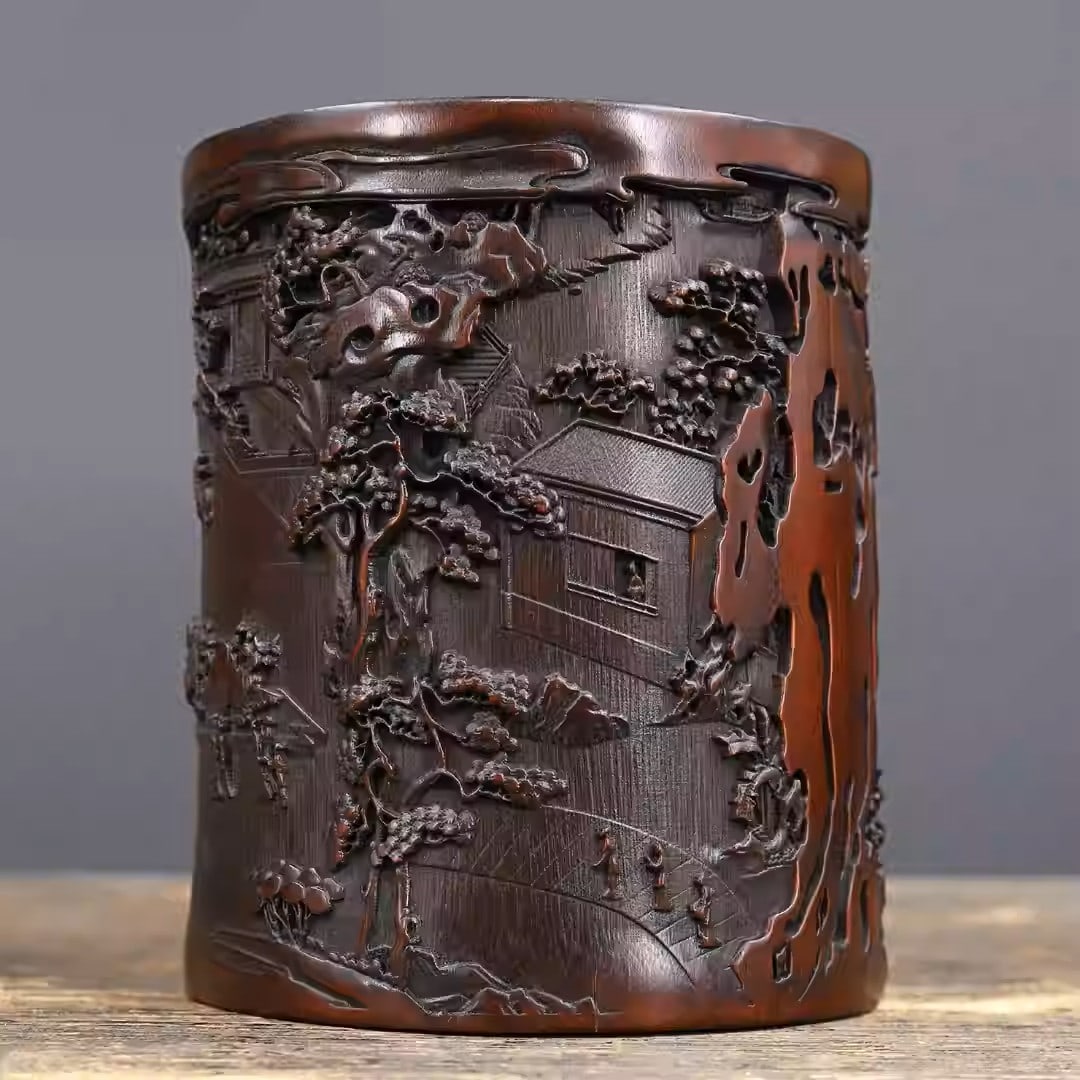 Bamboo carved pen holder depicting pavilions, towers, and figures (1 of 5)
