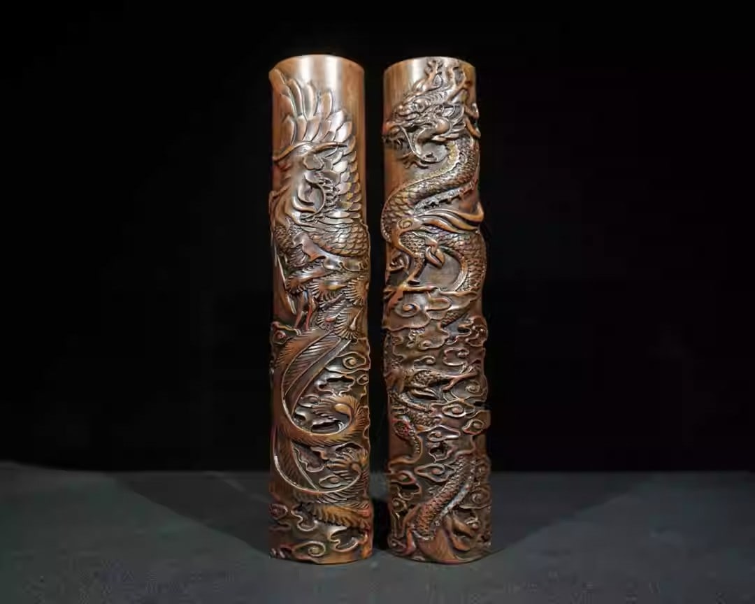 Rosewood ruler with carved dragon and phoenix motifs symbolizing auspiciousness (1 of 5)