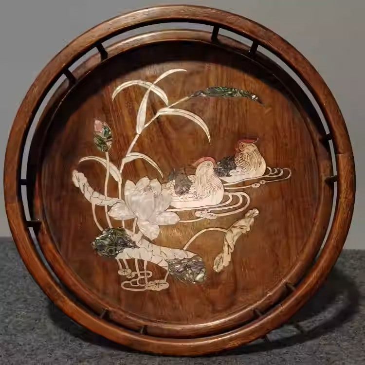 Rosewood plate inlaid with mother-of-pearl depicting mandarin ducks playing in the water (1 of 5)