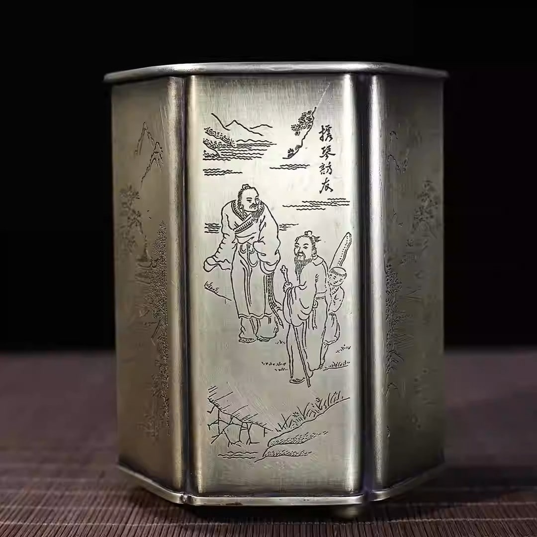 White copper hexagonal pen holder, engraved with landscapes, figures, and historical scenes: Length: 11 cm, Width: 10 cm, Height: 13 cm, Weight: 455 grams